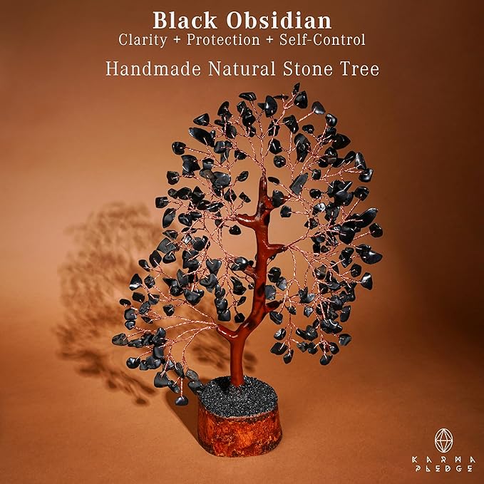 Black Obsidian Healing Crystal Tree Spiritual Gifts for Women, Handmade Home & Office Decor, Chakra Tree of Life Bring Positive Energy, Good Luck, Money, Yoga, Reiki Healing, Fathers Day Gifts for Dad