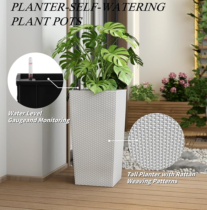 Vigo huseeo 23in Tall Planter Set of 2, Large Self Watering Pots for Indoor/Outdoor Plants with Drain Holes, Water Level Monitor, Inner Bucket for Front Porch Patio, White Rattan