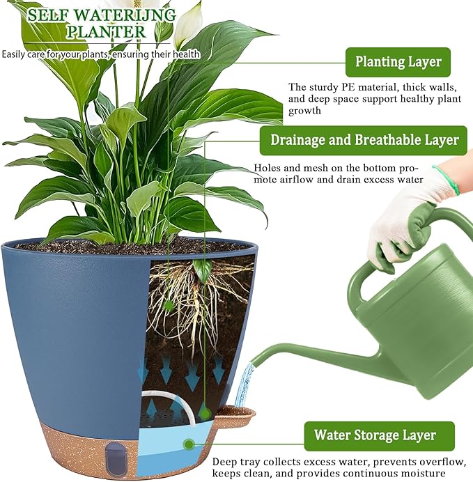 Fielda 2 Pack 8 inch Plant Pots, Plastic Self Watering Planters with Drainage Holes, Deep Reservoir, Water Level Indicator, Modern Decorative Flower Pots for Indoor Outdoor Plants (Navy Blue, 8 inch)