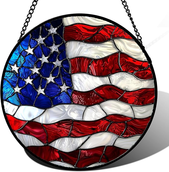 Stained Glass Window Hanging, Blue, White Red National Flag Pattern Sun Catchers Diamond Glass Panel Window Hangings Decor for Birthday Gifts for Women, Men, and Mom 14.9x14.9IN