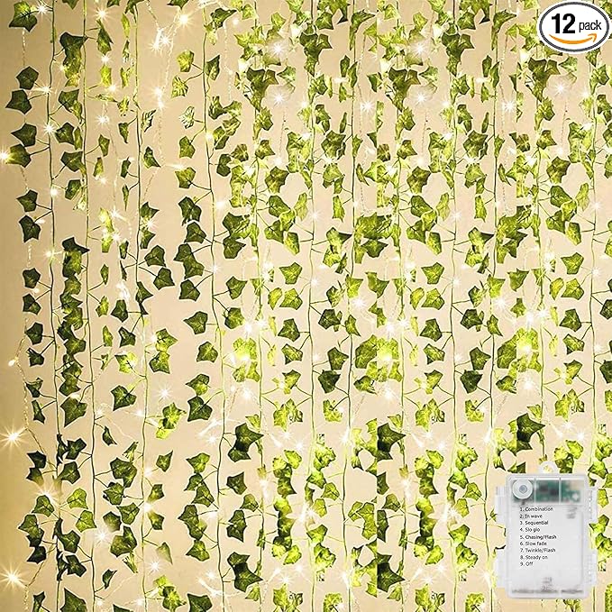 KASZOO 84Ft 12 Pack Artificial Ivy Garland Fake Plants, Vine Hanging Garland with CE Certified 80 LED String Light, Hanging for Home Bedroom Garden Party Wedding Wall Room Decor, Green