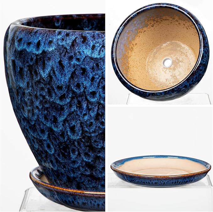 Hollyone 9+7 Inch Ceramic Planter Set of 2 Blue Ceramic Plant Pot for Plants Flowers with Drainage Hole and Saucers Ceramic Glaze Round Plant Pot Indoor Outdoor Large Succulent Orchid Flower Pot