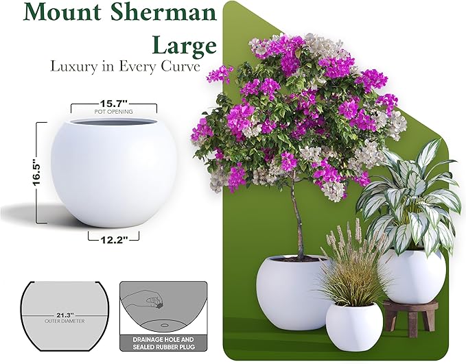 DTY Signature Mount Sherman 19.7''D x 21.7''H Modern Indoor Outdoor Fiberstone Sphere Planter, Durable Round Garden Pot, Weather Resistant, Drainage Hole & Rubber Plug - Large, White