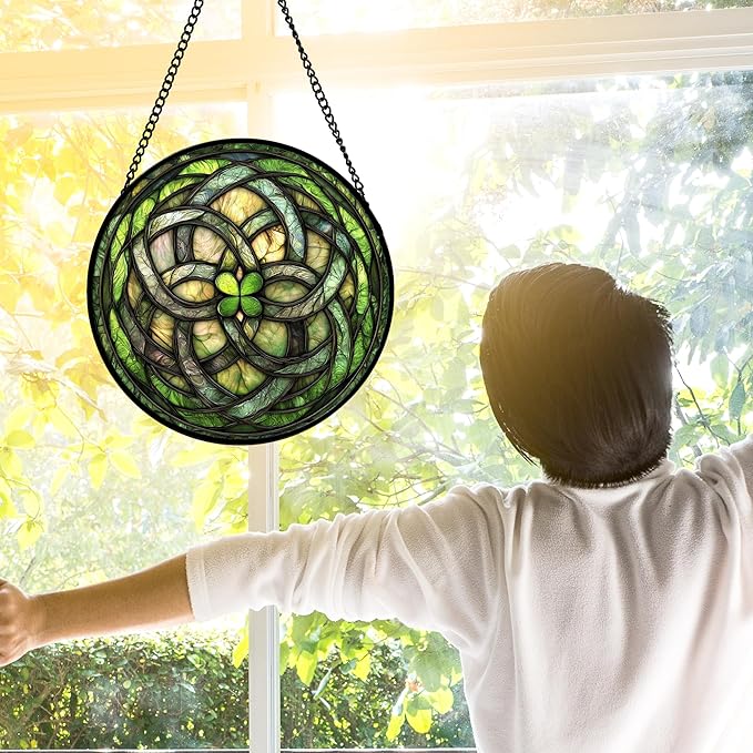 DASTOLL Stained Glass Window Hanging, Abstract Green Clover Sun Catchers Colorful Glass Panel Bless Suncatcher Decor for Birthday for Women, Men, Wife, Aunt, and Mom 11.8x11.8 in