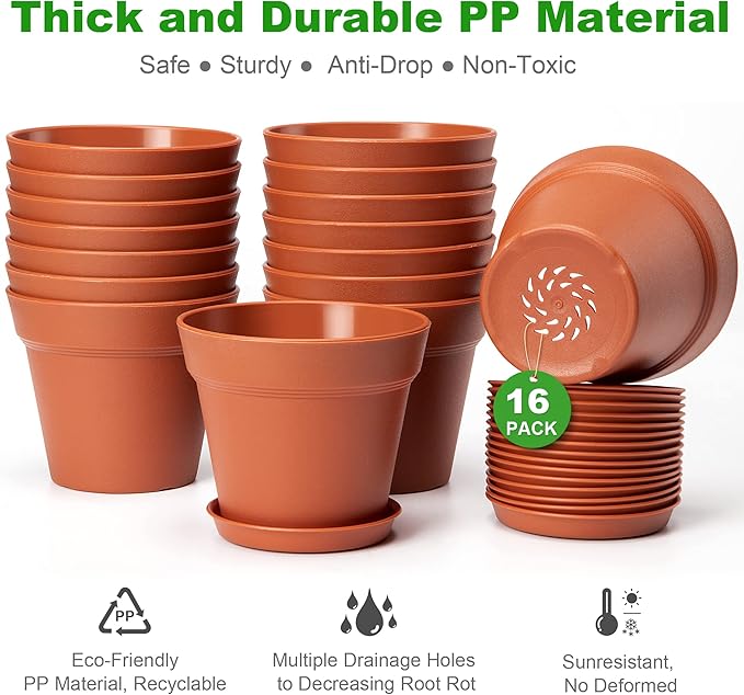 FHWTY 4 inch Plant Pots 16 Pack, Small Plant Pots with Drainage Holes and Tray, Thickened Indoor Planters Seedlings Pots for Flowers, African Violet, Succulent and All House Plants, Terracotta