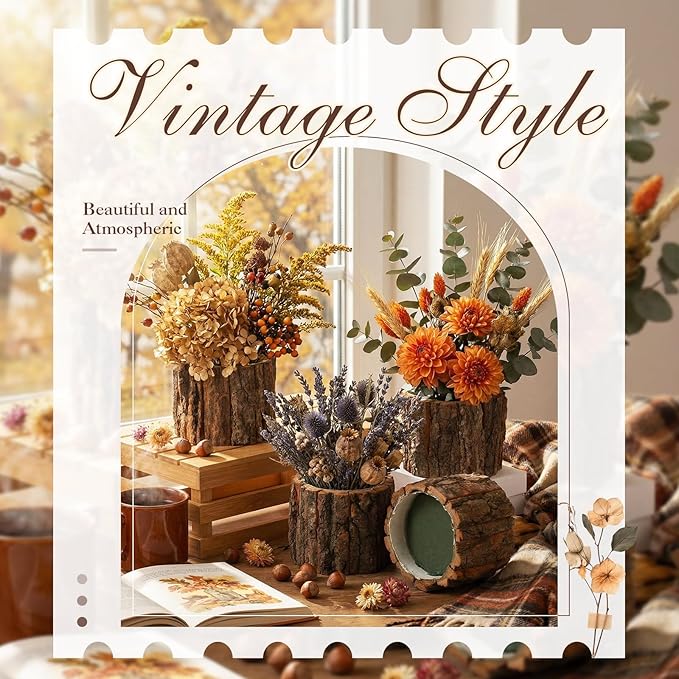6 Set Wooden Vase for Centerpieces Wooden Flower Vase with Flower Mud Rustic Bark Stump Buckets Vintage Wood Planter Pots for Woodland Party Wedding Window Home Farmhouse Table Decor