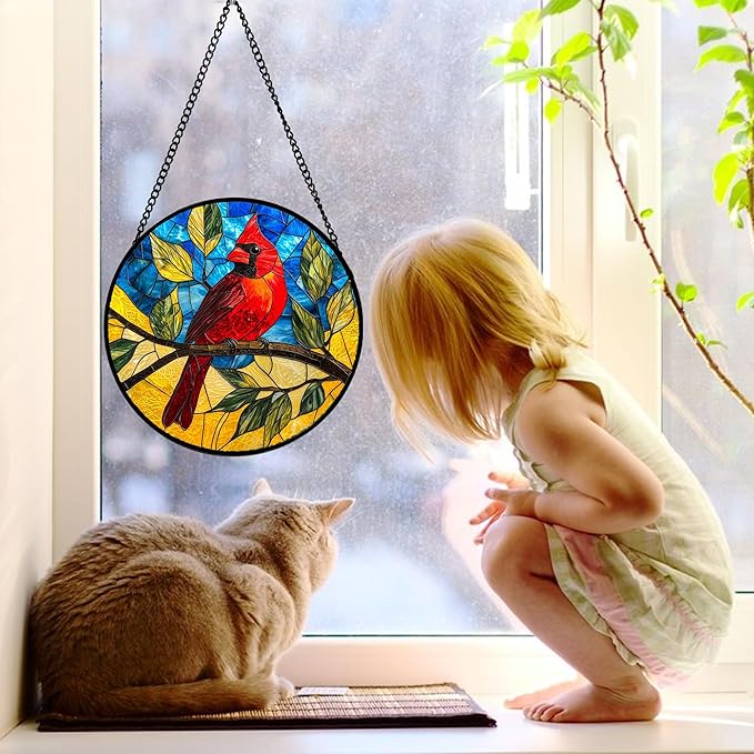 DASTOLL Stained Glass Window Hanging, Blue Sky Cardinal Sun Catchers Colorful Glass Panel Red Birds Suncatcher Decor for Birthday for Women, Men, Wife, Aunt, and Mom 11.8x11.8 in