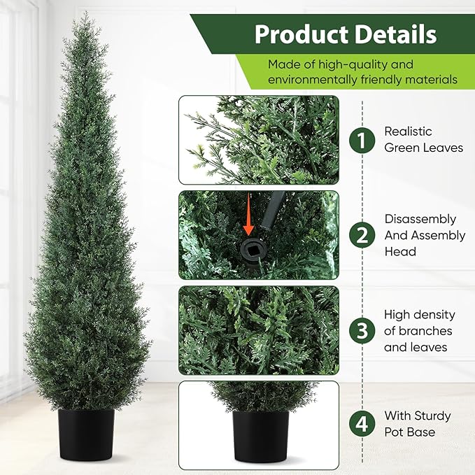 Artificial Trees for Outdoors, BUZIGUBY Artificial Cedar Topiary Trees, 5FT Topiary Trees Artificial Outdoors for Porch, Dense Arborvitae Tree for Front Door Patio Deck Balcony Yard Decor, 2 Pack