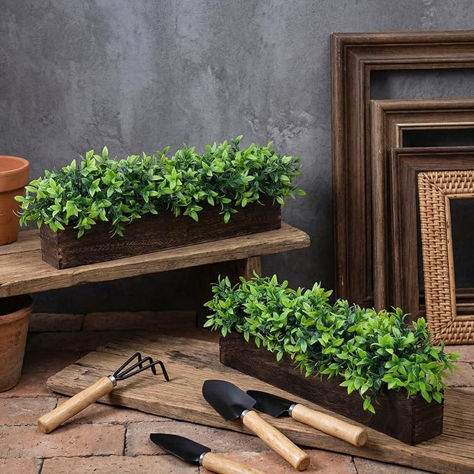 Lyrow 2 Pack Artificial Eucalyptus Plant in Rectangular Rustic Wooden Planter Box Faux Potted Herb Plant Table Centerpiece for Kitchen Windowsill Shelf Decor (Brown,24 '')