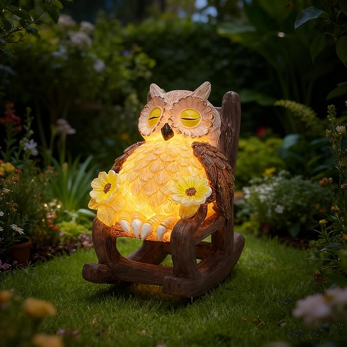 Light Up Owl on Chair Garden Sculpture, LED Solar Powered Owl Lying on The Chair Centerpiece, Cute Figurine Statue for Home Fireplace Outdoor Collection Decoration, 6x4.5x3.3 in
