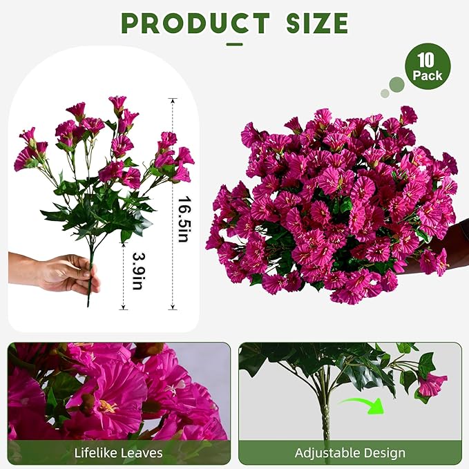Artificial Morning Glory Flowers Plants for Outdoor 8 Pcs Faux Silk Petunias Flower Realistic Faux Flowers Plants for Outside Planter Porch Yard Patio Balcony Home Indoor Decor (8 Pcs Rose Red)