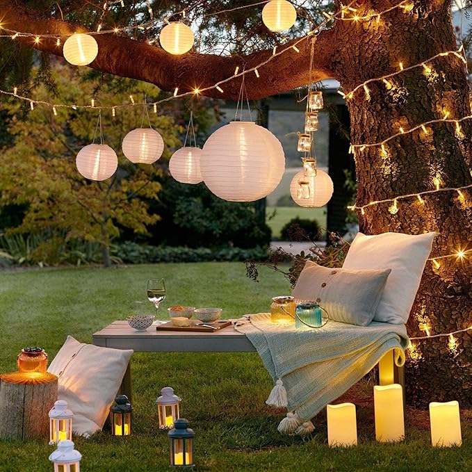 HAUSPROFI Paper Lanterns, 6" 8" 10" 12" Round Paper Lantern with LED Lantern Lights for Indoor and Outdoor Decoration - (Lanterns: 12pcs, Warm White Lights: 12pcs)