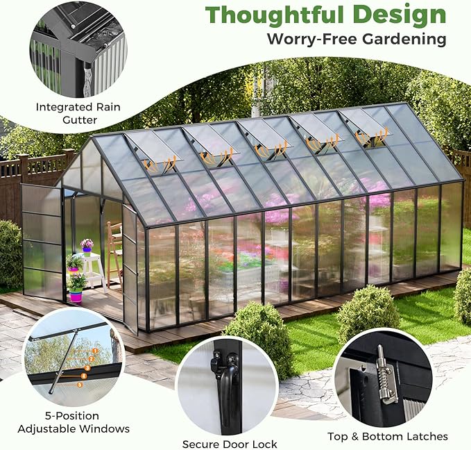 WACASA 24x10x10 FT Greenhouse for Outdoors, Easy 3-Way Connectors, Heavy-Duty Aluminum Frame, Wind/Snow Resistant for Gardening/Urban Farming, Includes Sliding Door & Ventilation Windows
