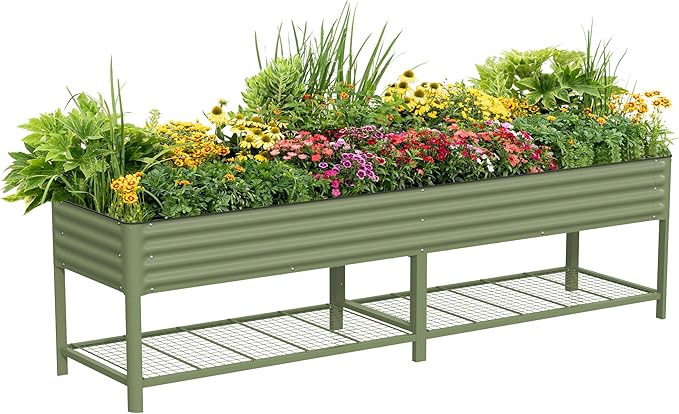 Elevated Raised Garden Bed- Jumbo Series, 2.5' x 10' Outdoor Planters Box with Legs & Storage Rack for Patio, 2000+ Lbs Weight Capacity, Raised Beds for Gardening Herbs Vegetables Flowers, Olive Green