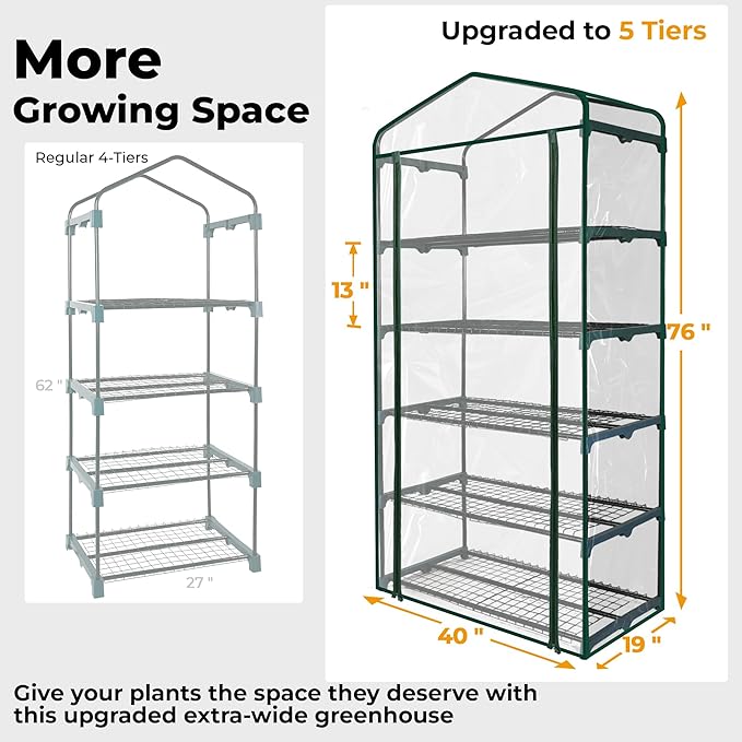 GreensWord Small Greenhouse for Outdoors, Indoor Mini Greenhouse with Plastic Cover, Portable 5 Tier Plant Shelves, Green Houses for Outside Backyard, Winter Plants Warmer, Green, 19″x40″x75″