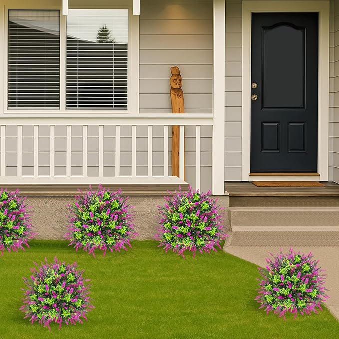 ENVEN Artificial Topiary Lavender Ball Tree Outdoor Plants with Ground Spike 22"- UV Resistant Faux Shrubs, Eucalyptus Fake Plants for Indoor & Garden, Yard, Porch, Patio Decor (Pink Green)