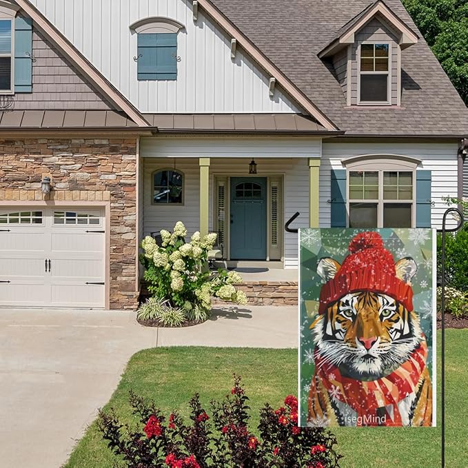 Tiger with Red Scarf and Hat Snowflake Christmas Garden Flag, 28x40 Inch Double Sided Linen Holiday Red Winter Farmhouse Yard Outdoor Decoration (4327)
