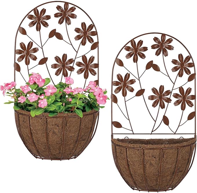 BAYN 2PKs Wall Hanging Planter Decor Art with Flower, Metal Wall Mounted Planters Indoor Outdoor Wall Planter for Succulent Herb Home Garden Yard