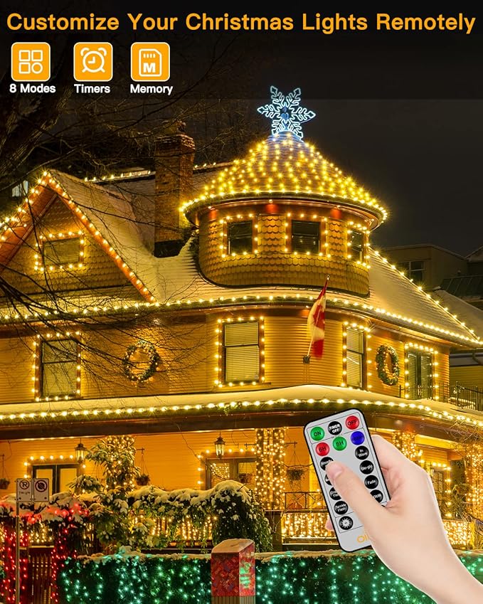 Ollny Christmas Lights Warm White, 600LED 197FT Christmas Tree Lights IP67 Waterproof, Plug in Fairy Lights with Remote 8 Modes Timer, Xmas Light for Outdoor Indoor House Holiday Decor (Pack of 2)