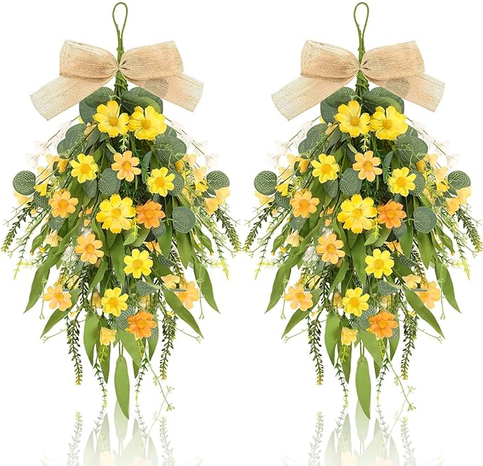 2 Pcs 24" Artificial Summer Flower Teardrop Swag for Front Door Spring Wreath Yellow Wild Daisy Swags Wreaths Floral Hanging Wreaths for Kitchen Cabinet Window Wall Wedding Party Home Decor