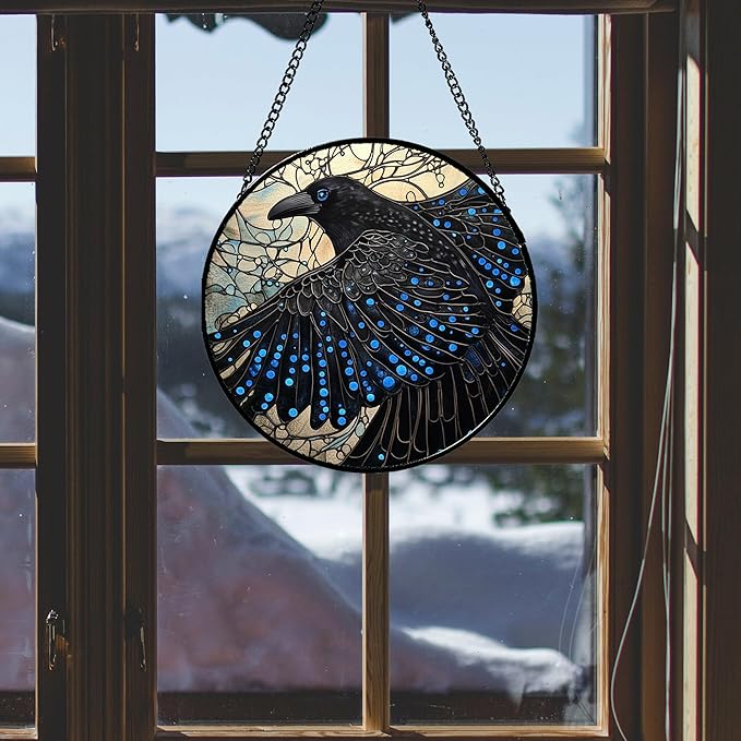 Stained Glass Window Hanging - Black Crow Big Wings Suncatcher for Doors Garden Patio Bird Sun Catchers Decor Christmas Mother's Day Birthday Gifts for Women Men Mom Nana Friend 7.8 in
