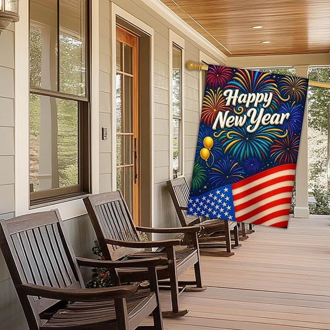 Happy New Year House Flag 28x40 Inch Double Sided Garden Flag American Flag and Fireworks Design Winter Holiday Yard Banner Large Outdoor Polyester Flag for Porch Lawn Home Decoration