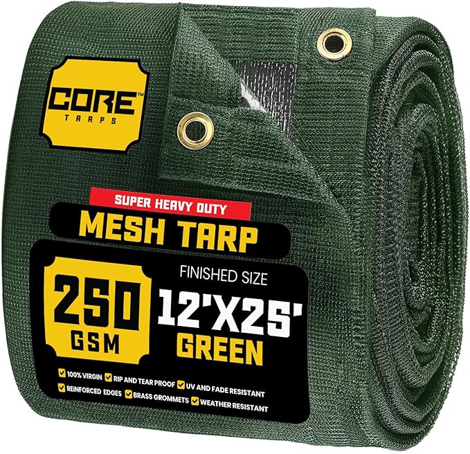 Core Tarps 60% Green Shade Cloth with Grommets - 12 X 25 FT Heavy Duty Mesh Tarp - Sun Shade Cloth for Garden Vegetables Plants Greenhouse Outdoors Backyard Fences Dump Trucks Patio Mesh Shade Tarp