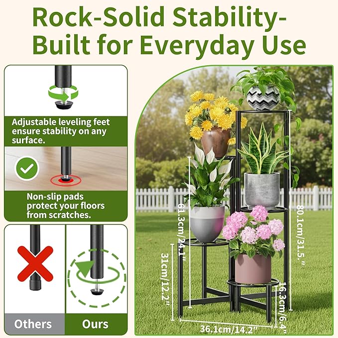 NQW Plant Stand 5 Tier Indoor Metal Flower Shelf for Multiple Plants Corner Tall Flower Holders for Patio Garden Living Room Balcony Bedroom Black Diamond