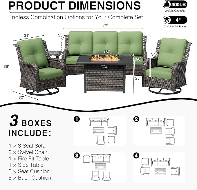 Joyside 5 Piece Wicker Patio Furniture Set with Fire Pit Table, Outdoor Swivel Rocker Patio Chairs with High Back, Deep Seating, Wide Armrest, Thickened Cushions, Outdoor Furniture for Deck, Porch Use