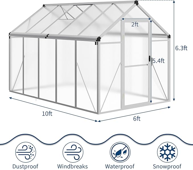 6X10 FT Greenhouse for Outdoors, Large Walk-in Polycarbonate Greenhouse Kit, Aluminum Frame, Lockable Door, Roof Vent, Ground Spikes, for Garden, Patio, Backyard, Outdoor Plant Growth