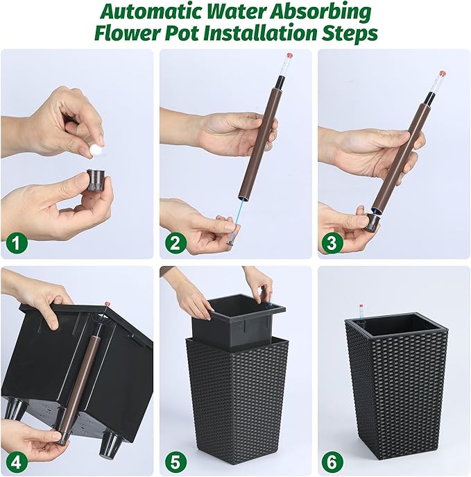 16" Tall Rattan Planter Set of 2, Self Watering Pots with Built-in Drainage and Water Level Gauge, Large Plant Pots for Garden, Patio, Balcony, Lounge, Black