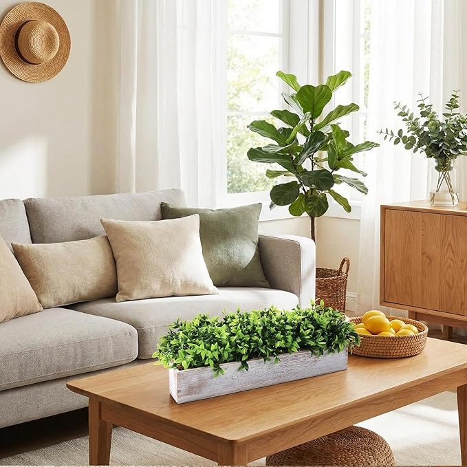 Lyrow 2 Pack Artificial Eucalyptus Plant in Rectangular Rustic Wooden Planter Box Faux Potted Herb Plant Table Centerpiece for Kitchen Windowsill Shelf Decor (White,24 '')