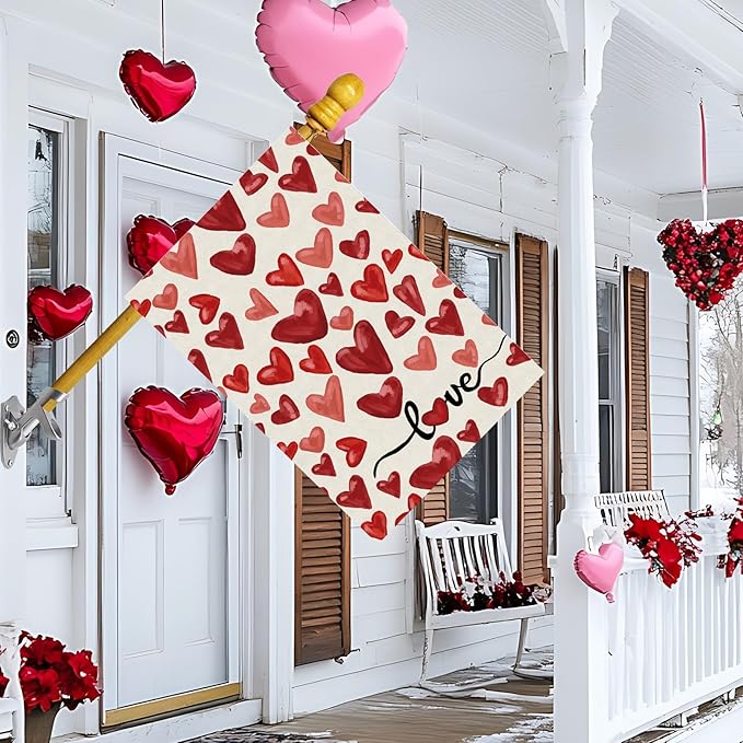 Valentine’s Day Watercolor Red Love Hearts House Flag Big Large Burlap 28X40 Inch Vertical Double Sided Outside Yard Holiday Outdoor Farmhouse Decoration