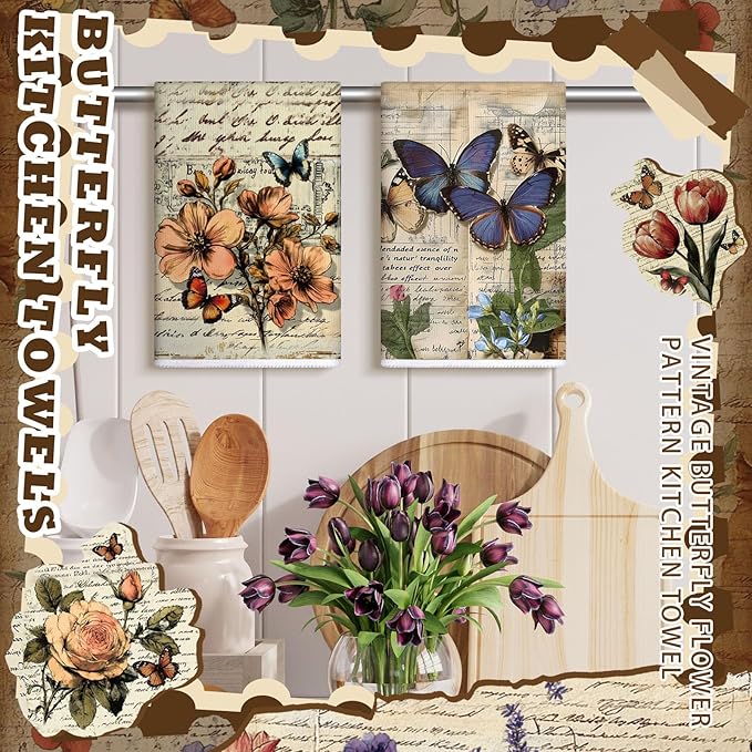 Bencailor 16 Pcs Spring Kitchen Towels Floral Butterfly Hand Dish Towels Vintage Flower Tea Dishcloths for Spring Holiday Kitchen Bathroom Home Decor Gifts, 16 x 24 Inch