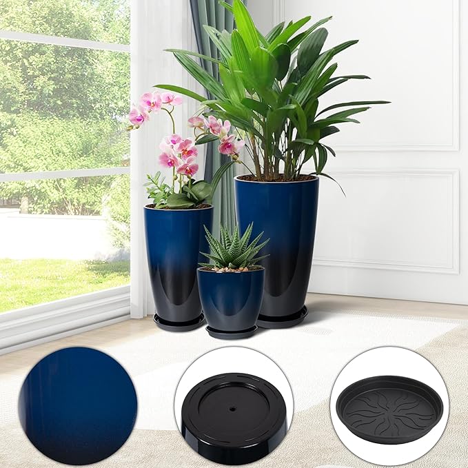 Neoaider 24/21/12 Inch Large Plastic Planter, Lightweight Ceramic-Look Tall Planters with Drain Hole & Saucers, Tall Plastic Planters for Porch, Garden, Patio, Balcony(Dark Blue)
