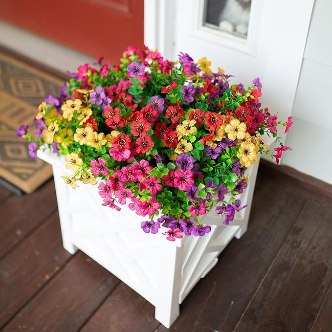 florisso Artificial Fake Plants Flowers for Outdoor Outside Spring Summer Decoration, 12 Bundles Faux Silk Colorful Mix Daisy UV Sun Resistant Realistic for Porch Patio Home Planter Window Box Yard