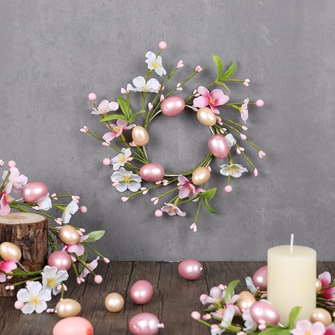6 PCS Small Easter Wreaths for Kitchen Cabinet Mini Artificial Easter Egg Flower Wreath for Front Door Spring Summer Hanging Wreath with Pink Ribbon Berry for Home Porch Wall Window Farmhouse Decor