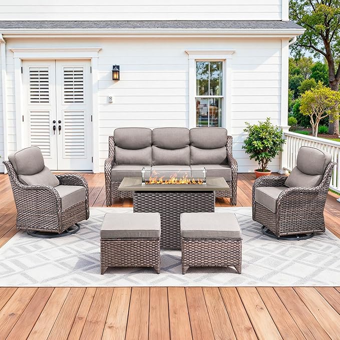 Luxury Patio Furniture Set with 42.5" Fire Pit Table, 6 Pieces High Back All Weather Wicker Outdoor Furniture w/ 6-Inch Thick Cushions, Patio Swivel Chairs Couch for Deck Balcony Backyard Brown/Grey