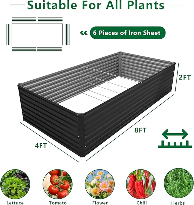 DIIYIV 8x4x2FT Galvanized Raised Garden Bed Kit,Vegetable Plant Boxes-Rectangle Metal Flower Box,Large Planter Raised Beds Outdoor Garden for Planting,Fruit,Herb-Black