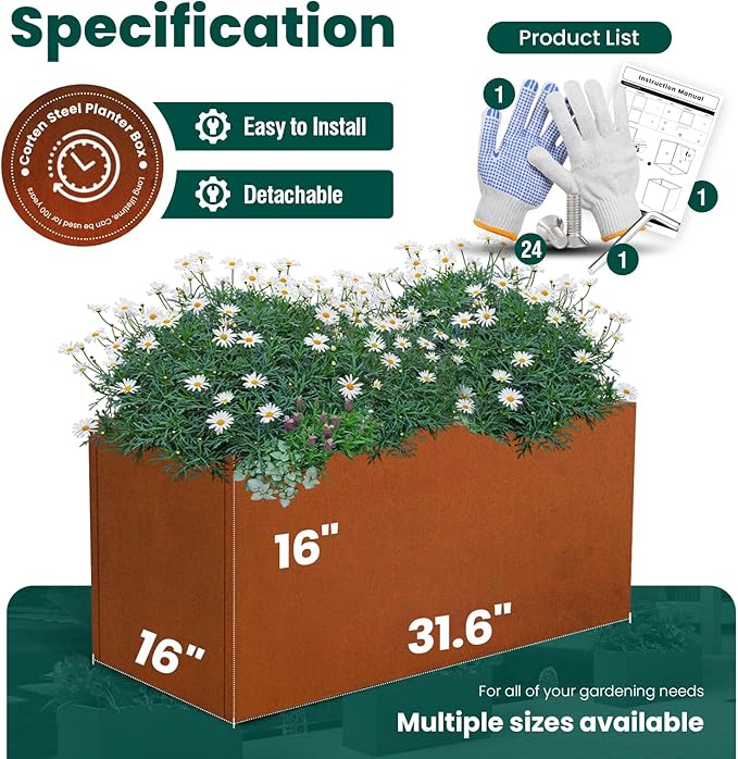 GZGNEEVL Corten Steel Planter Box Rectangular Planters Large Outdoor Planter Metal Planter Box for Tall Plant Trough Rustic Patina for Garden Yard Commercial Residential Farm 16 in x 31.5 in x 16 in