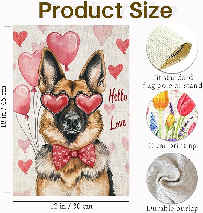 Valentine's Day German Shepherd Hello Love Garden Flag, House Yard Plaid Love Heart Outside Decoration, Spring Holiday Wedding Anniversary Outdoor Small Decor 12x18(12626)