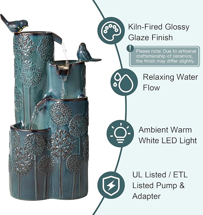 Glitzhome 27" H Outdoor Water Fountain with LED Light, Pump & Adapter, 4-Tier Turquoise Dandelion Vase Ceramic Cascading Garden Fountains Waterfalls with Birds, for Porch Deck Patio Backyard