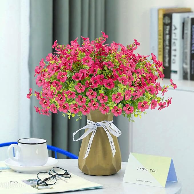 Artificial Flowers for Outdoors UV Resistant, 12 Bundles Fake Silk Flowers Outside Fade Resistant Faux Plants for Outdoor Planters, Window Box, Front Porch-Fuchsia