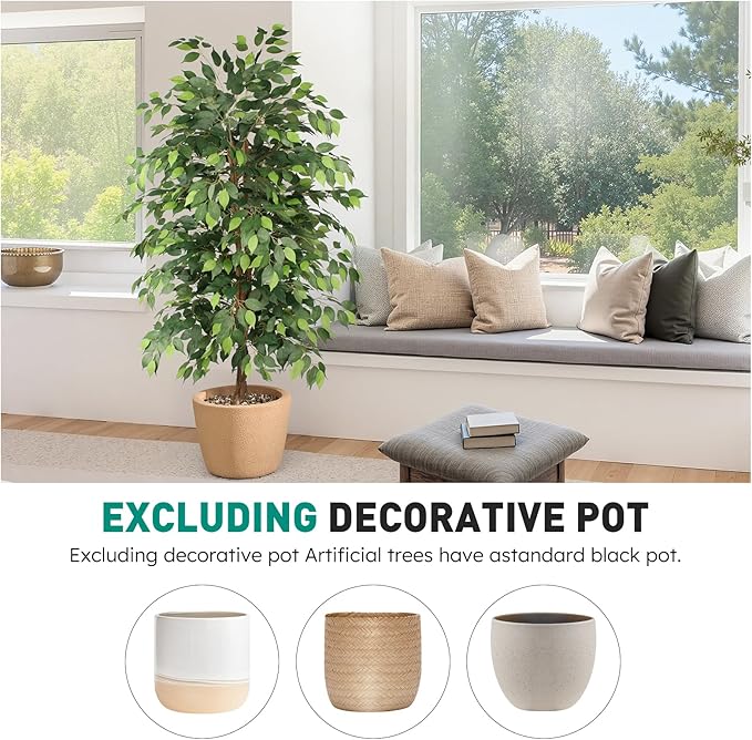 AQUGQ Ficus Tree Artificial 6ft, Tall Fake Tree with Realistic Leaves & Trunk, Artificial Tree for Home Office Living Room Decor Indoor Outdoor.