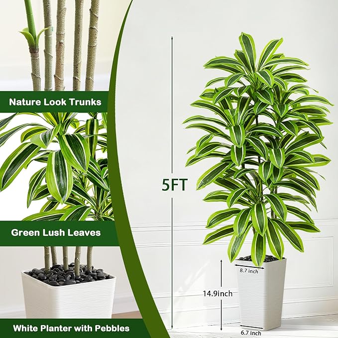 Artificial Yellow Dracaena Tree - 5FT Tall Fake Plants with White Tall Planter - Artificial Plants Indoor Floor Plant in Pot - Large Tropical Fake Yucca Potted Tree for Home Office Living Room Decor