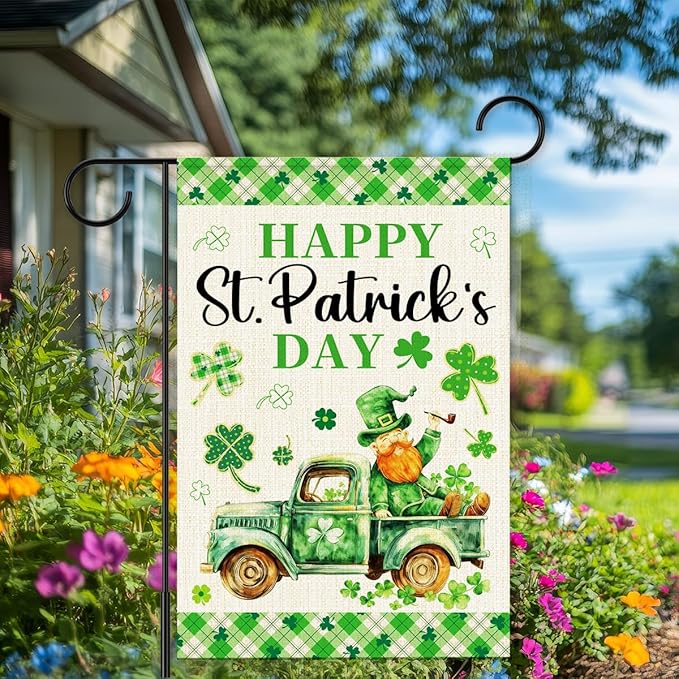 Happy St Patricks Day Garden Flag 12x18 Inch Double Sided,Leprechaun Shamrocks Truck Buffalo Plaid Outdoor Irish Decor House Porch Flag for St Patrick's Day Party and Yard Decorations