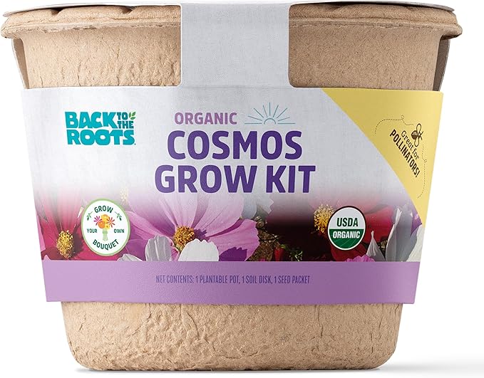 Back to The Roots Organic Cosmos Flower Grow Kit with Plantable Starting Pot Soil and Seeds