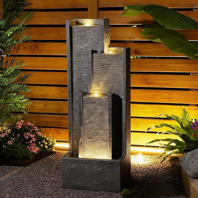 39" Modern Outdoor Water Fountain with LED Lights – Grey Tiered Geometric Indoor Waterfall Fountain for Garden, Lawn, Porch or Backyard Décor, Floor Standing Resin Patio Water Feature Outside