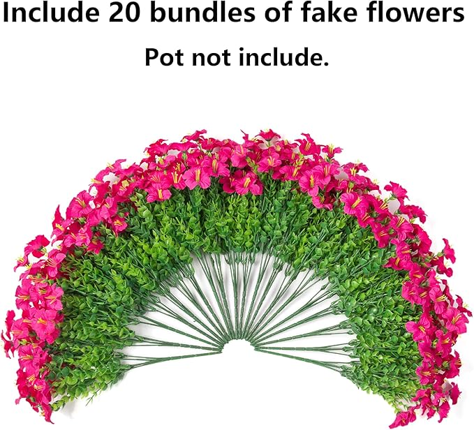 Artificial Flowers for Outdoors Decoration, 20 Bundles Fuchsia Faux Morning Glory with Eucalyptus Look Real UV Resistant Fake Plants Silk Flowers for Outside Yard Gardens Porch Patio Planter Home Urn
