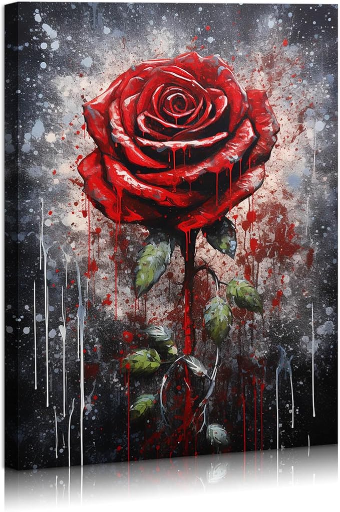 FUNHUA Vintage Rose Painting Canvas Wall Art Black And White Red Rose Flower Ink Painting Picture for Home Office Living Room Bedroom Bathroom Framed Ready to Hang 12x16 Inches
